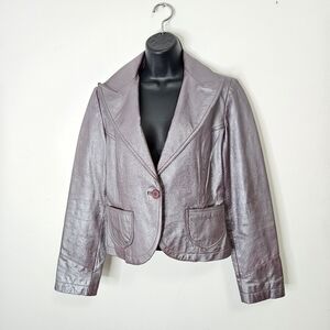 Y2K BEBE Iridescent Metallic Purple Genuine Leather Blazer Jacket Women's Sz M